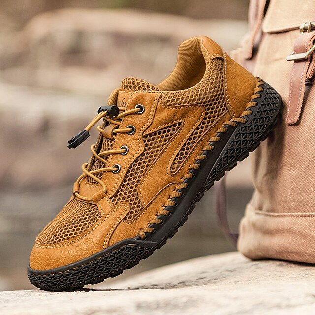 Men's Tan Breathable Mesh Lace-up with Design Sneakers