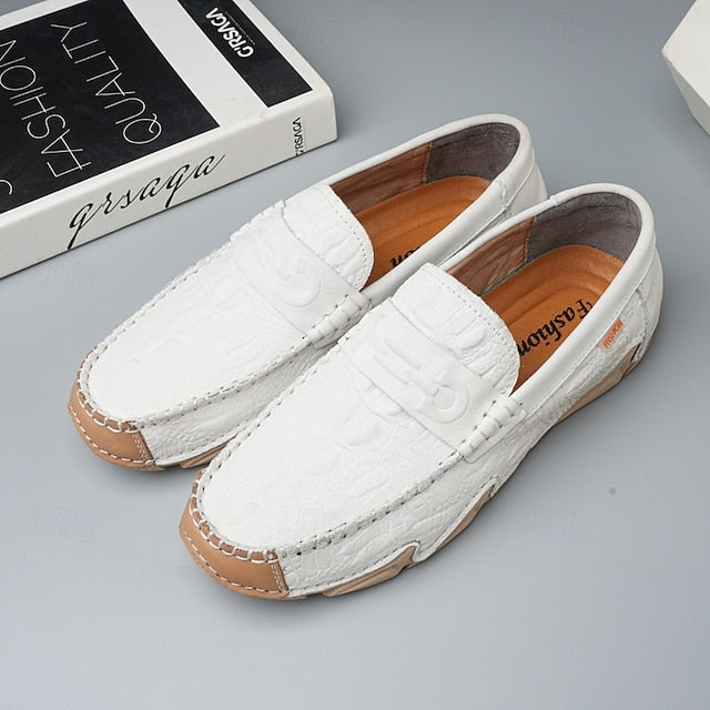 Leather Black with Loafers Faux Men's White Crocodile