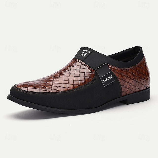 Men's Slip-On Leather Embossed Loafers with Faux Brown
