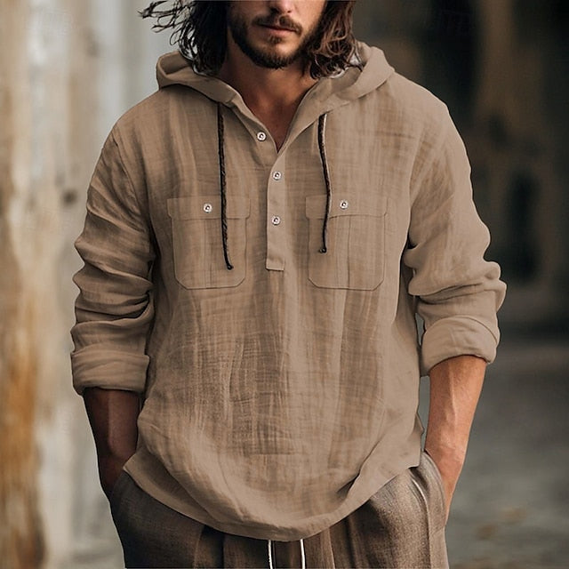 Shirt Hooded Men's Linen Summer Beach