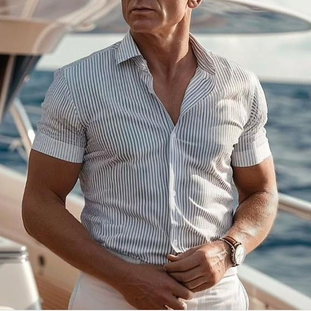 Men's Stripes Sleeve Lapel Shirt Short Beach Light Grey
