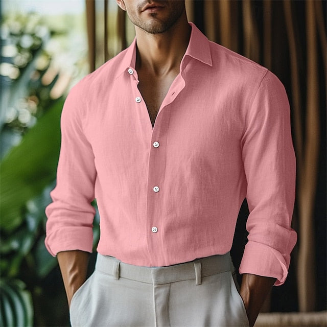 Summer Men's Linen Button Up Shirt Plain