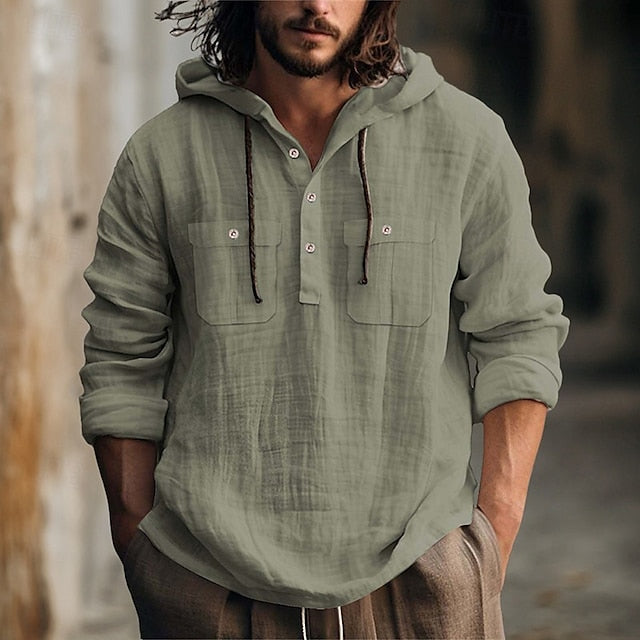 Shirt Hooded Men's Linen Summer Beach