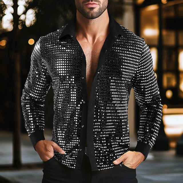 Long Men's Gold Disco Black Silver Shirt Prom