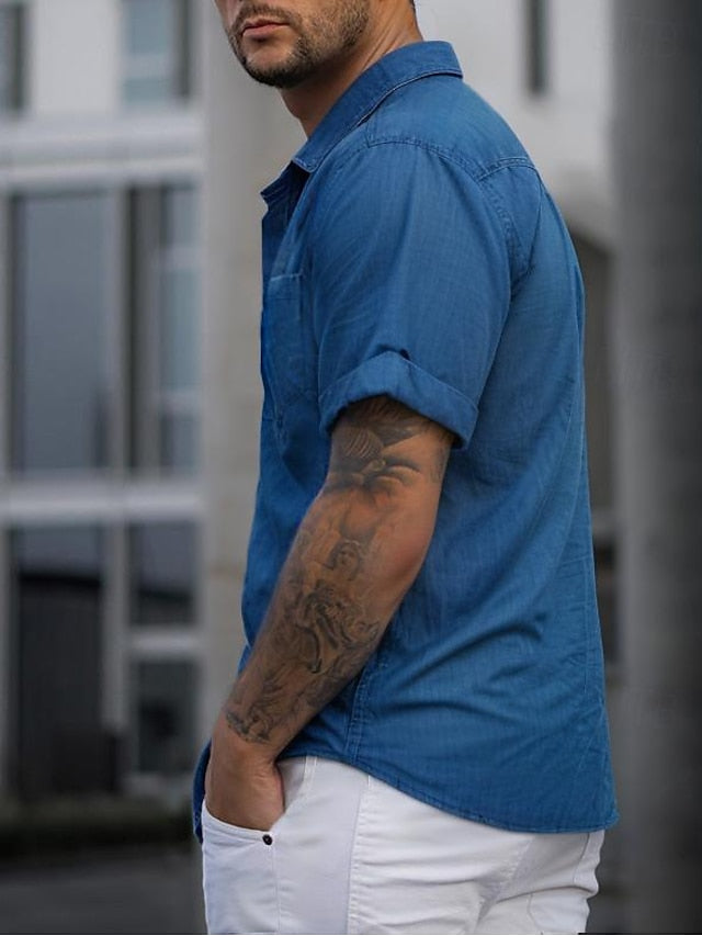 Blue Men's Casual Denim Up Short Shirt Button