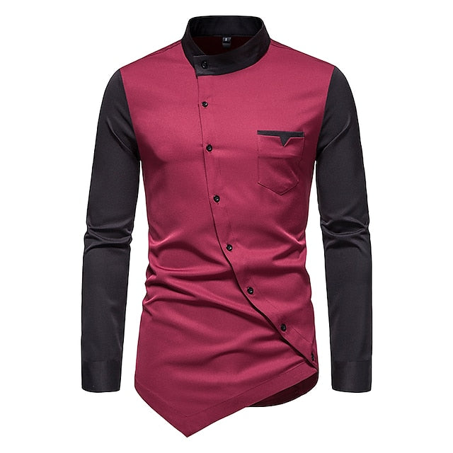 Block Wine Yellow Color Collar Stand Shirt Blue Plus Men's