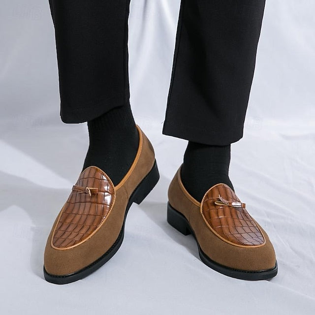 Brown Faux Men's Suede and Pattern Crocodile with Loafers