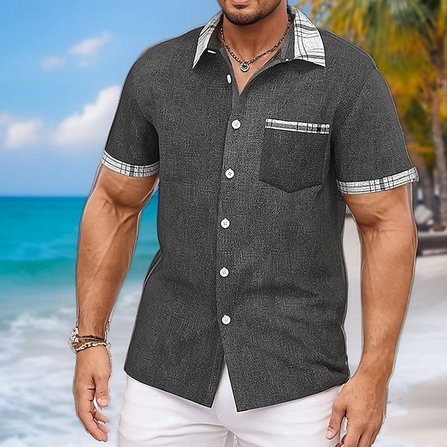 Linen Block Casual Men's Color Hawaiian Shirt