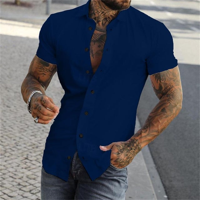 Summer Men's Shirt Black Button blue Up grey