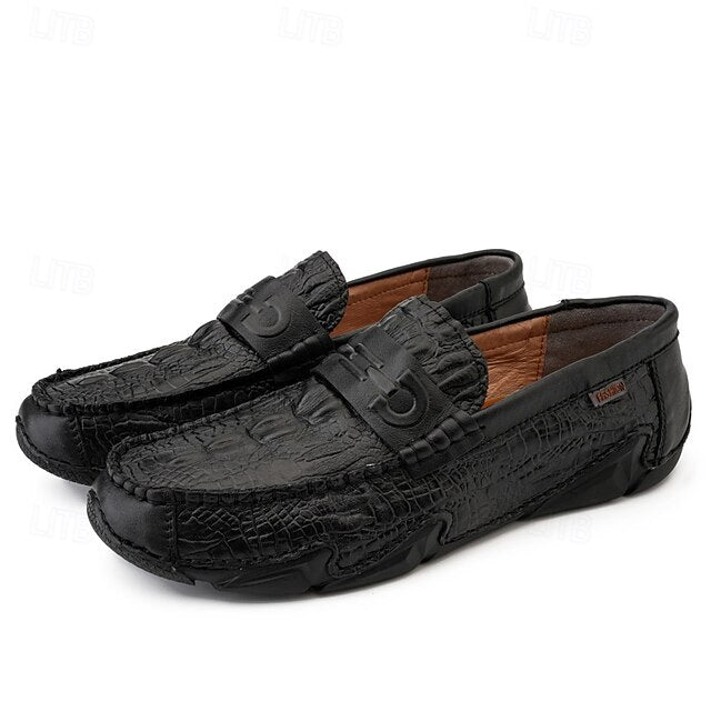 Leather Black with Loafers Faux Men's White Crocodile