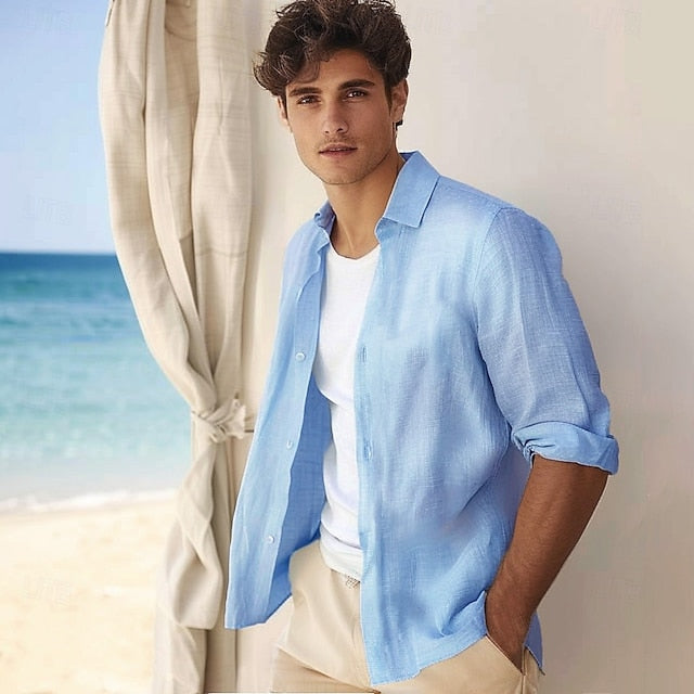 Summer Shirt Wear Beach Up Button Men's Linen
