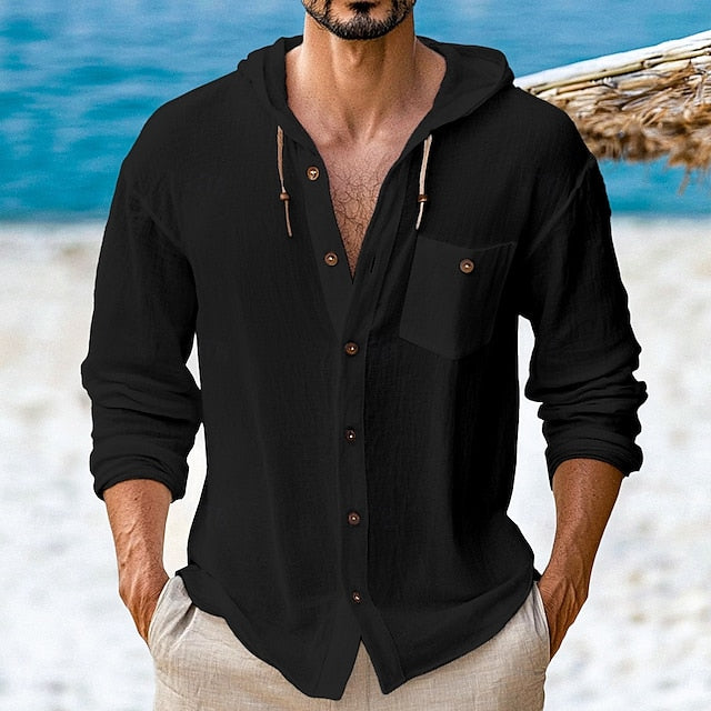 Button Up Wear Beach Hooded Men's Shirt Linen