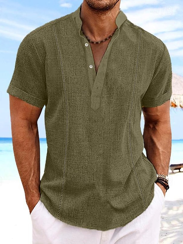 Men's Linen Shirt Guayabera Band Collar