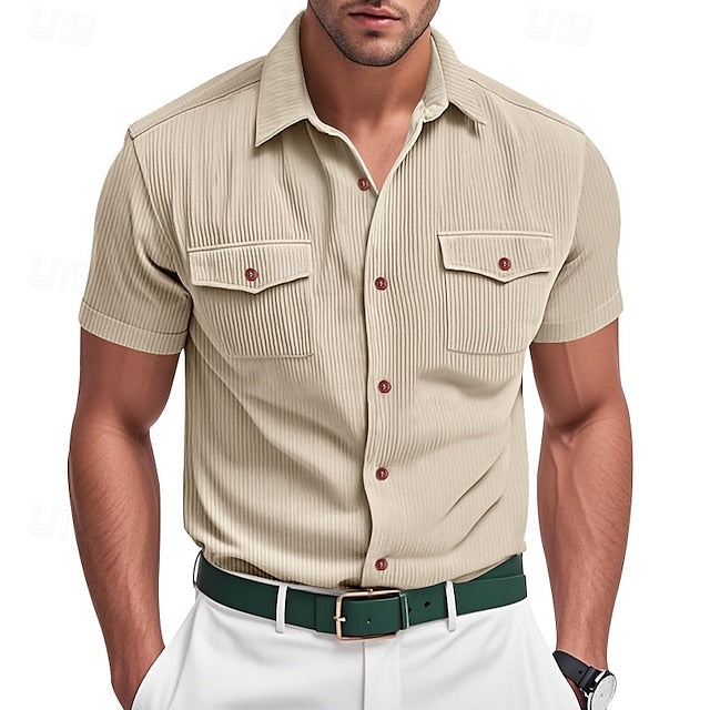 Shirt Casual Button Summer Corduroy Men's