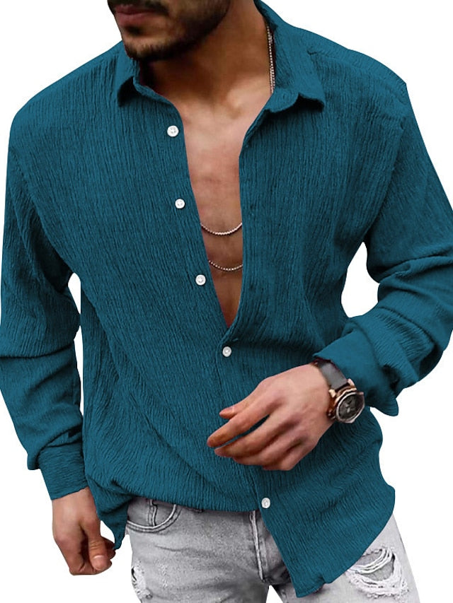 Shirt Blue Casual Men's White Up Black Button