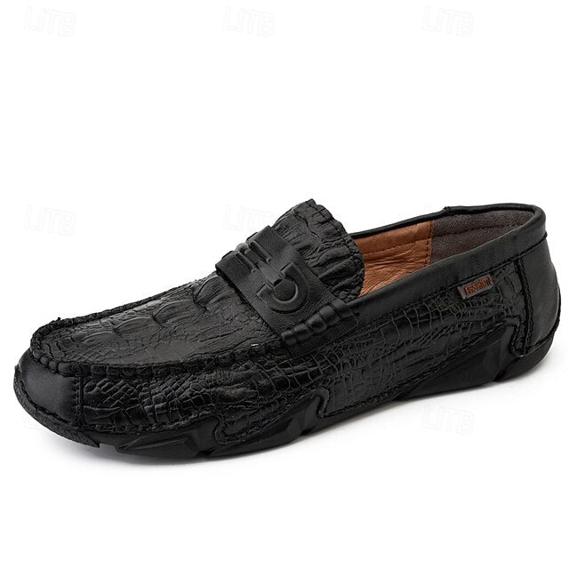 Leather Black with Loafers Faux Men's White Crocodile