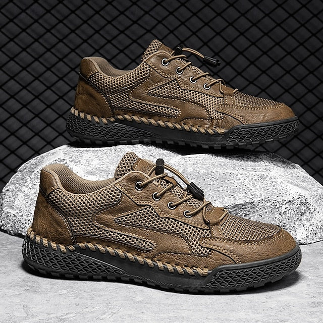 Men's Tan Breathable Mesh Lace-up with Design Sneakers