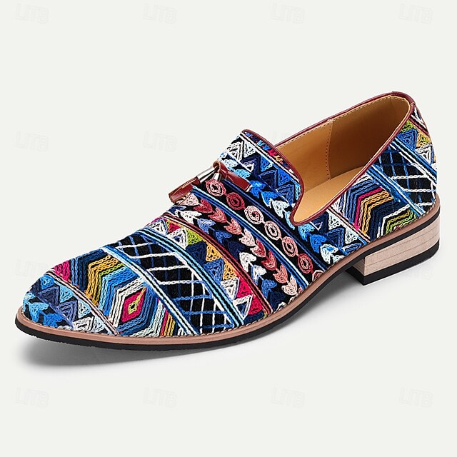 Men’s Pattern Leather Loafers Jacquard Ethnic Faux with