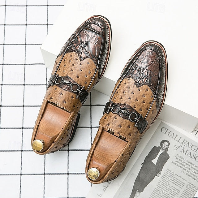Brown – Men's Loafers Pattern Ostrich with Suede Faux