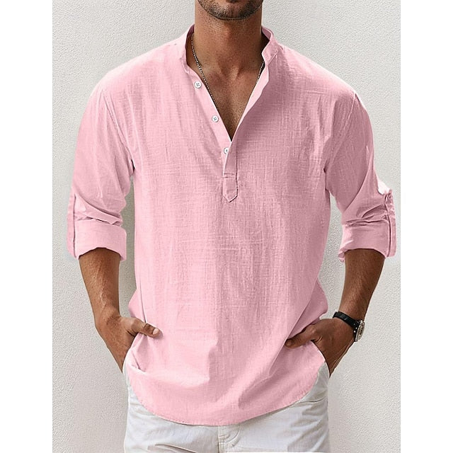 Band Linen Collar Popover Shirt Summer Men's