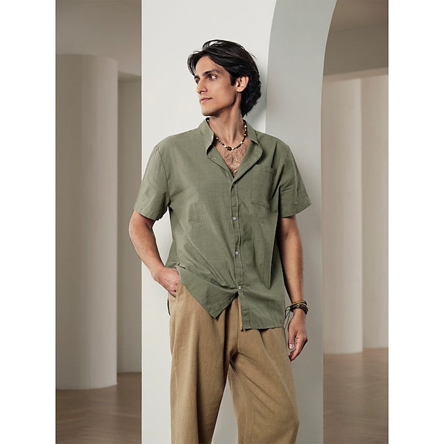 Linen Men's Casual Up Shirt Cotton Button