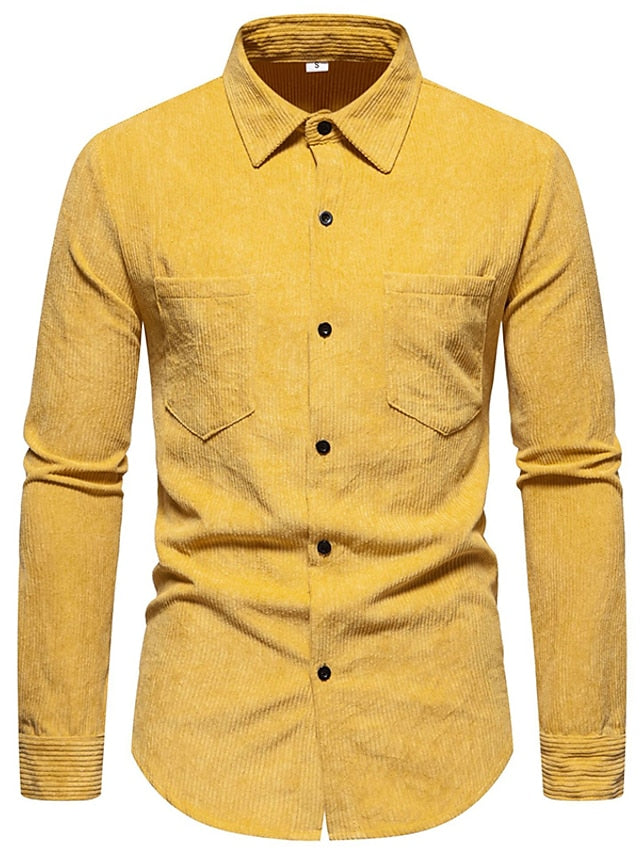 Men's Shirt Yellow Pink Black Corduroy Casual