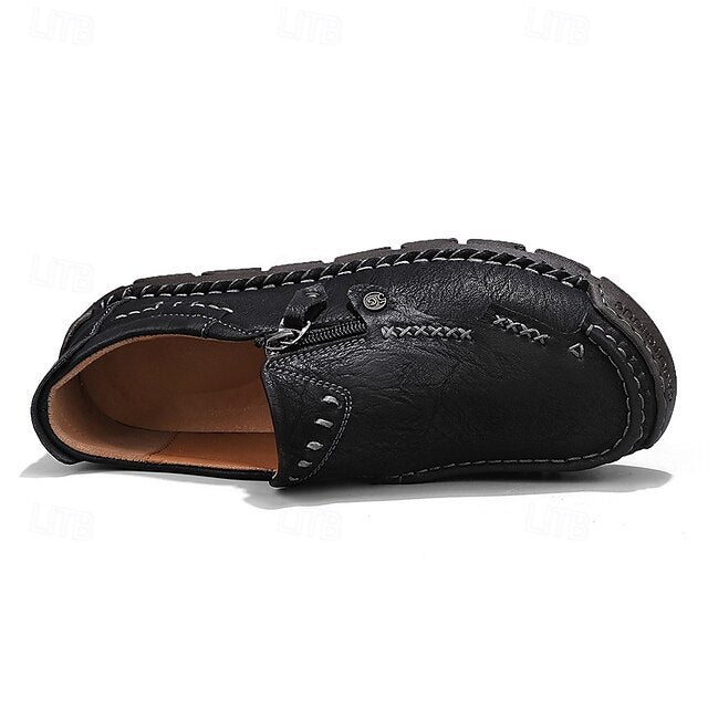 Faux Loafers Leather Brown Slip-On with Side Men's Zipper