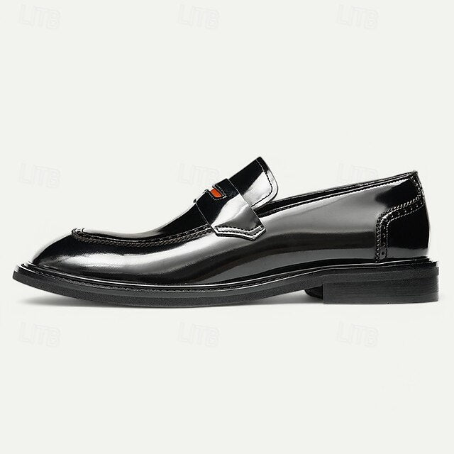 Black Men's Decorative Cowhide Premium Slip-On Loafers with