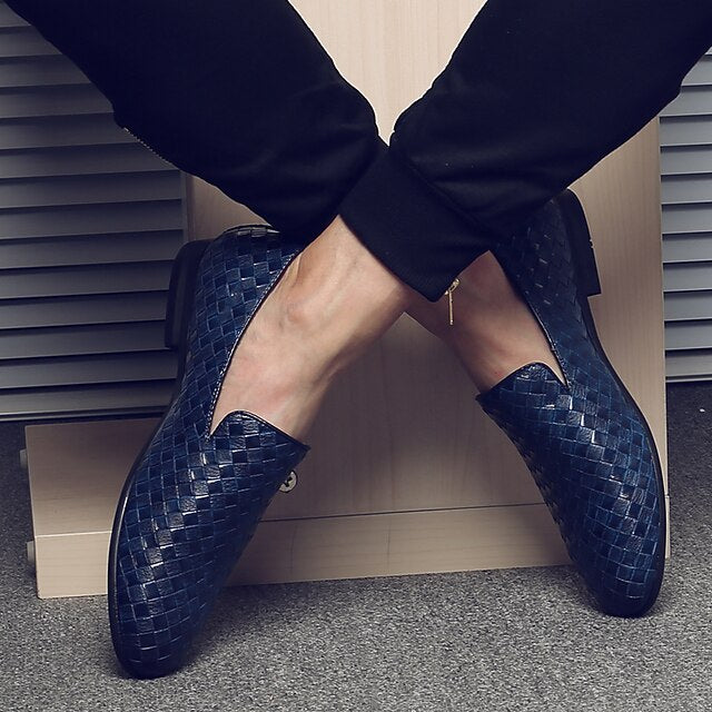 Leather Woven Blue Slip-On Loafers - Men's Stylish Faux
