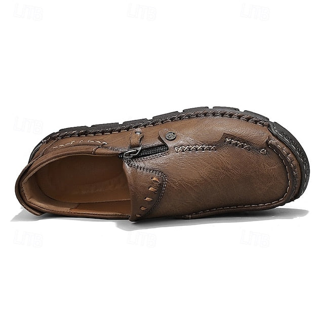 Faux Loafers Leather Brown Slip-On with Side Men's Zipper
