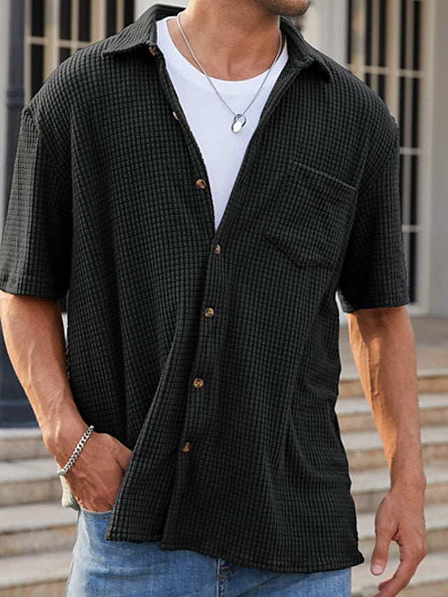 Button Men's Waffle Casual Shirt Summer