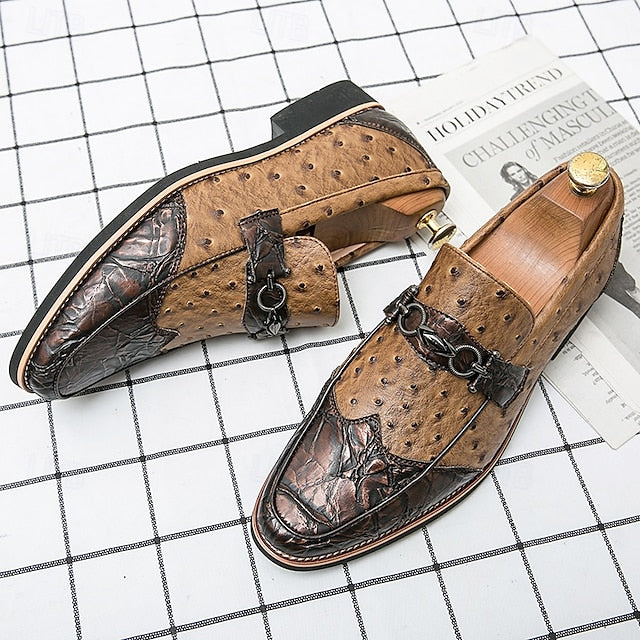 Brown – Men's Loafers Pattern Ostrich with Suede Faux