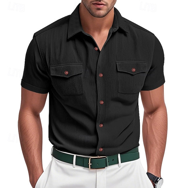 Shirt Casual Button Summer Corduroy Men's