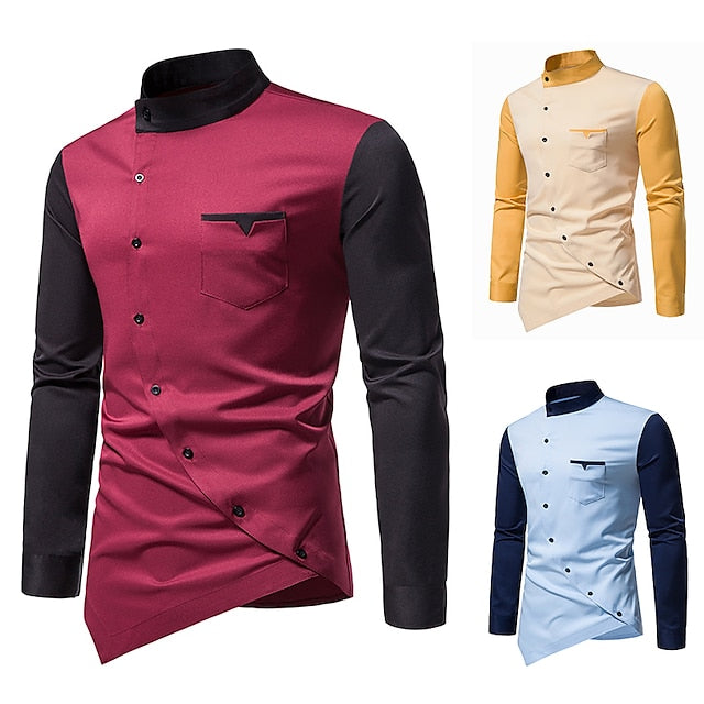 Block Wine Yellow Color Collar Stand Shirt Blue Plus Men's