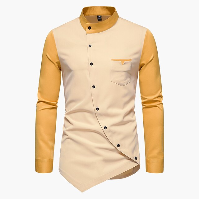 Block Wine Yellow Color Collar Stand Shirt Blue Plus Men's