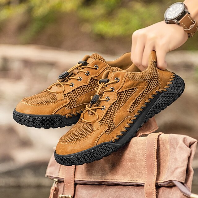 Men's Tan Breathable Mesh Lace-up with Design Sneakers