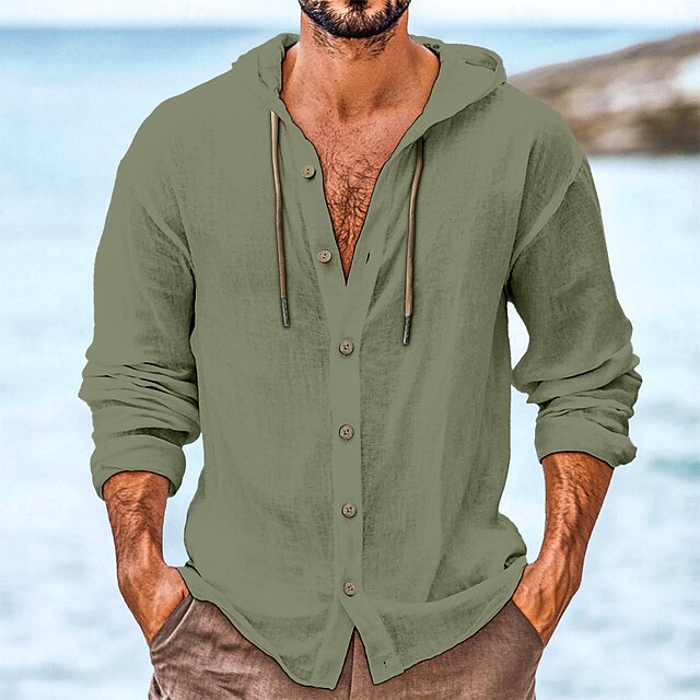 Hooded Linen Men's Button Beach Shirt Up Wear