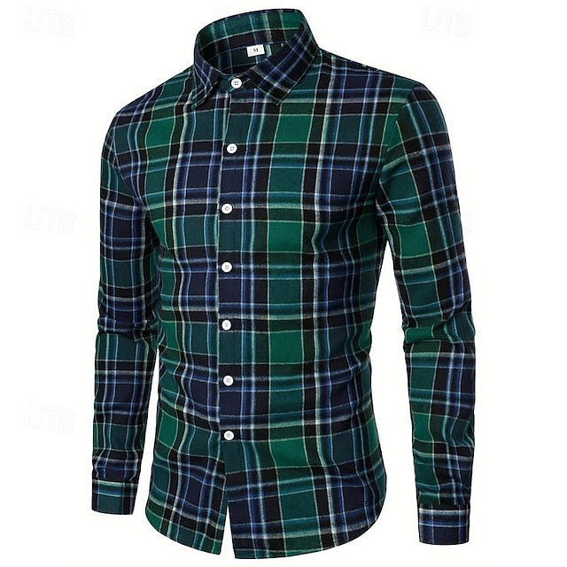 Shirt Wedding Dress Party Men's Up Plaid Button