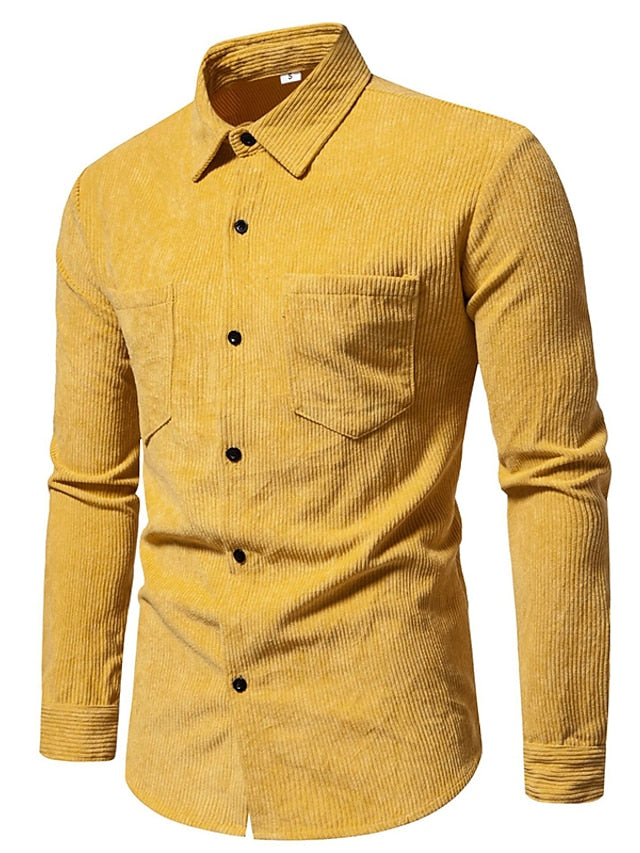 Men's Shirt Yellow Pink Black Corduroy Casual