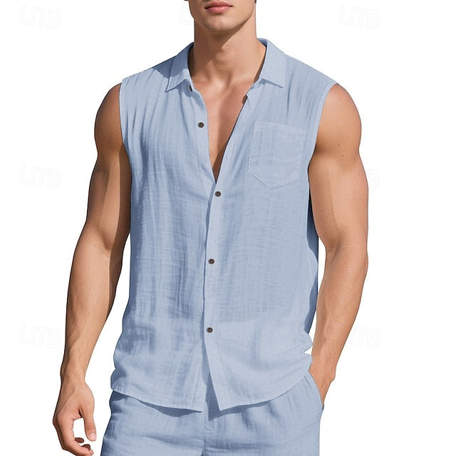 Linen Sleeveless Wear Men's Summer Beach Shirt