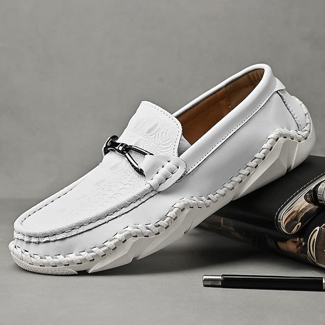 Faux - with Leather Detail Men's White Moccasins Tassel