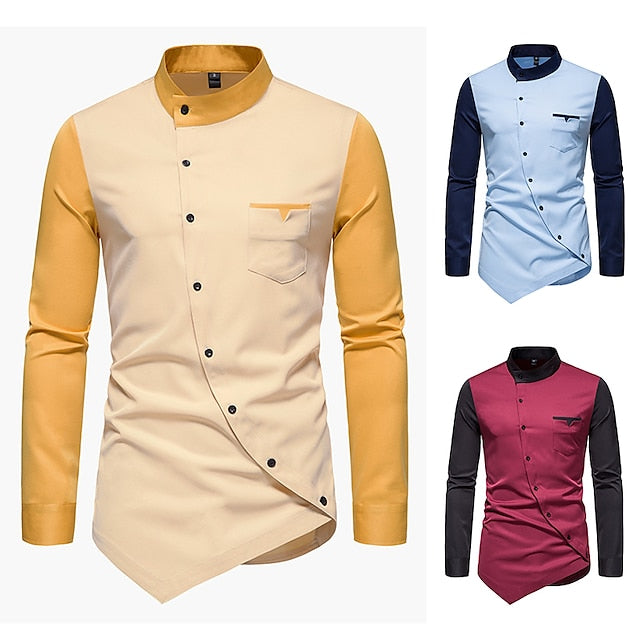 Block Wine Yellow Color Collar Stand Shirt Blue Plus Men's