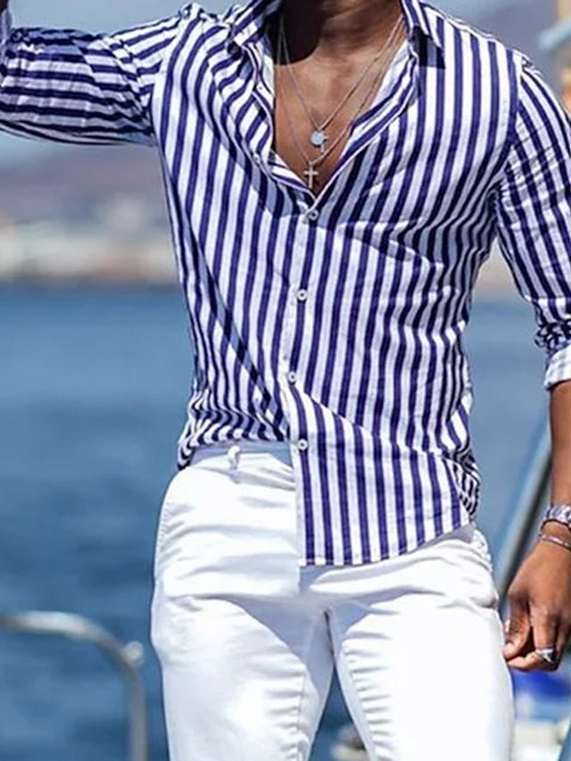 Shirt Striped Hawaiian Beach Summer Men's