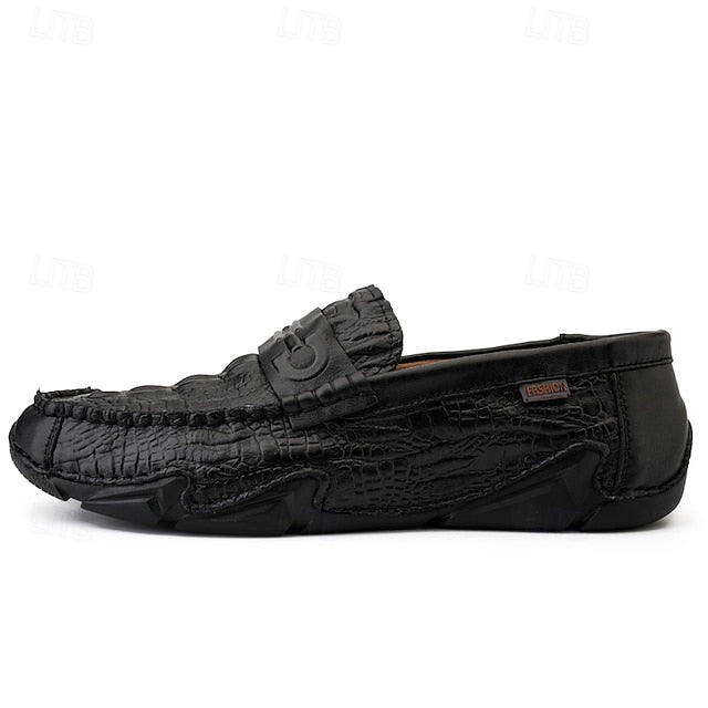 Leather Black with Loafers Faux Men's White Crocodile