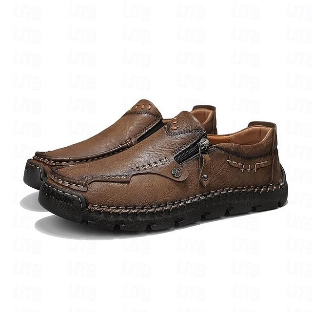 Faux Loafers Leather Brown Slip-On with Side Men's Zipper