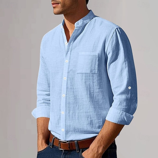 Shirt Vacation Men's Linen Cotton Plain Neck Plunging Beach