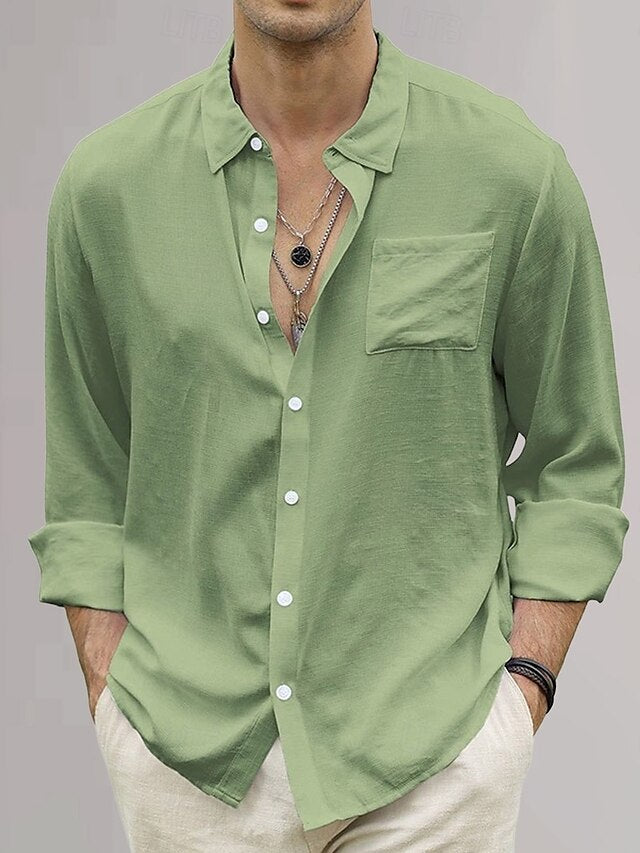 Plain Vacation Cotton Shirt Linen Black Men's Yellow Green