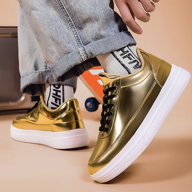 Stylish Gold Sneakers Low-Top – Men's Lace-Up Metallic