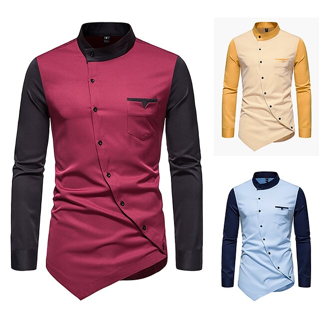 Block Wine Yellow Color Collar Stand Shirt Blue Plus Men's
