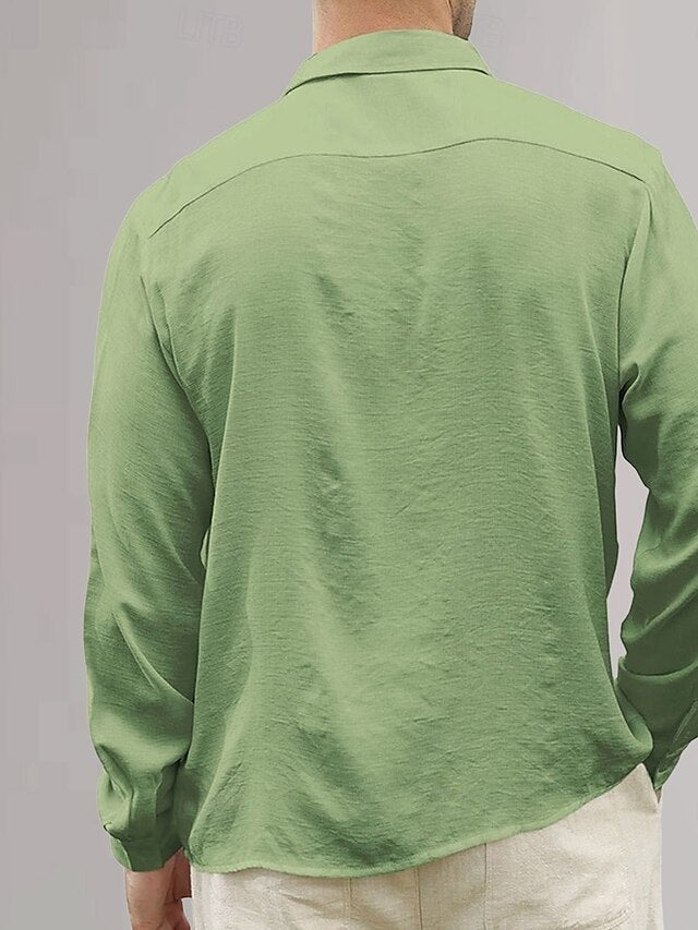 Plain Vacation Cotton Shirt Linen Black Men's Yellow Green